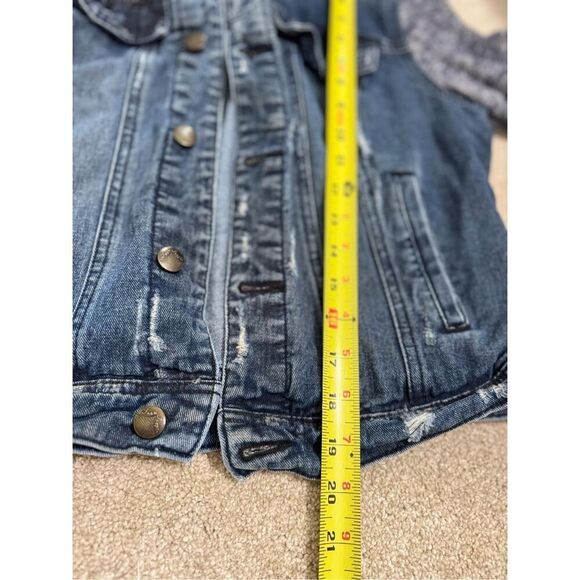 Free People Distressed Denim Jacket with Knit Sleeves & Hood Women's Size Small - Picture 10 of 11